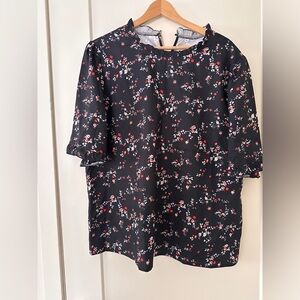 Black Floral Short-Sleeve Blouse with Red & White Blossoms